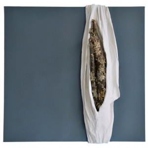 Il nido, 2021 stoffe, gesso, rami di faggio, acrilico su tela, cm 65x60